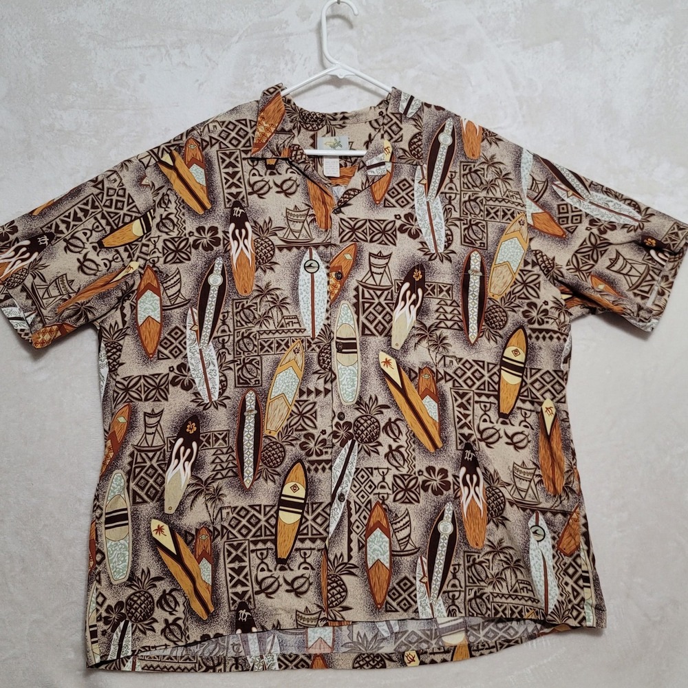 Ho Aloha Shirt Mens 3XL Brown Surfboards Hawaiian Aloha Print Made Hawaii Cotton
